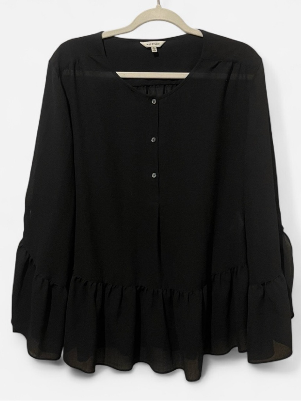 Max Studio Black Ruffle-Hem sheer Blouse